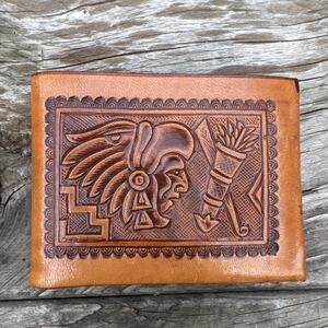 Vintage Hand Tooled Leather Men’s Wallet Bifold Handmade Native American